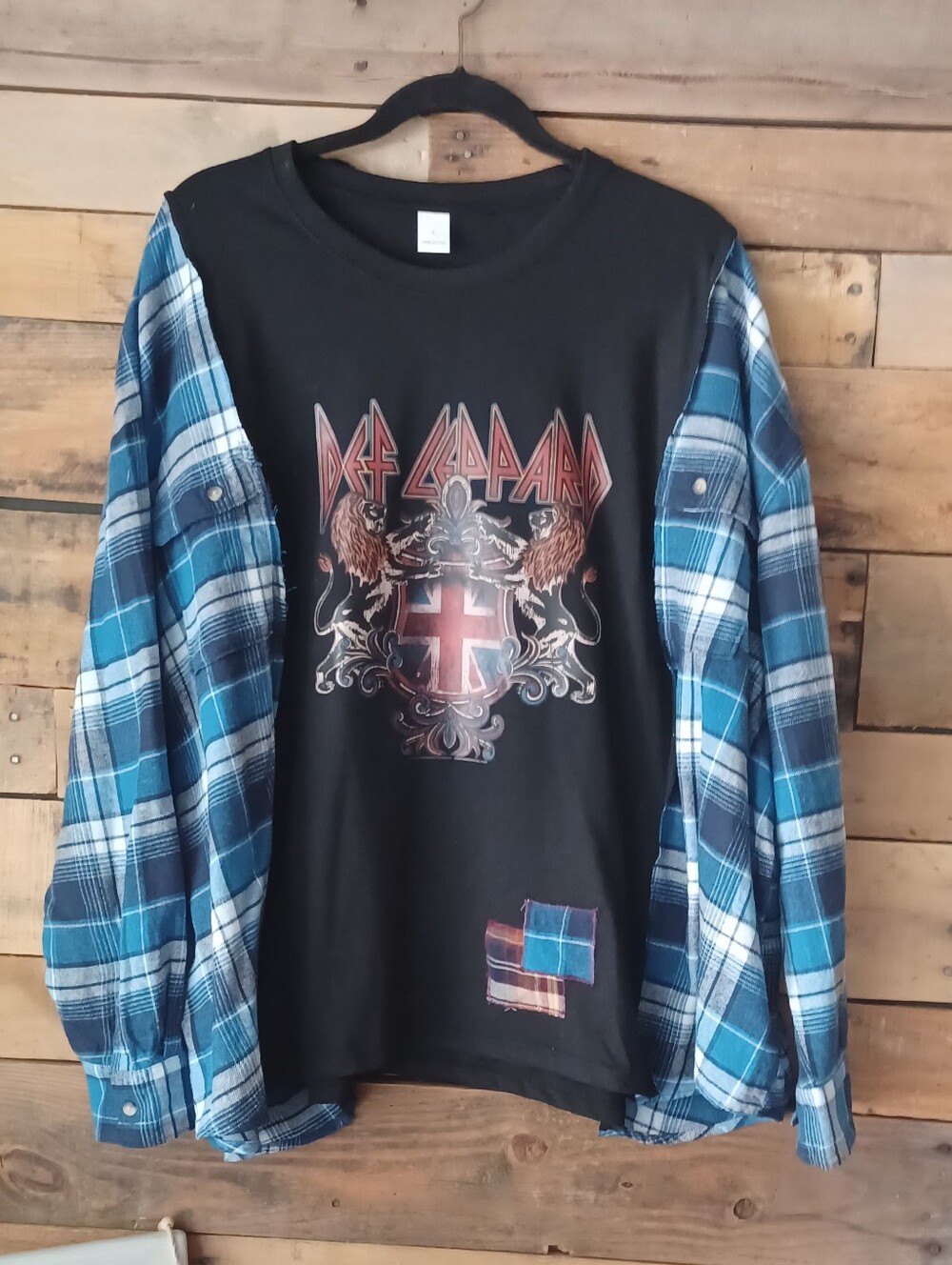 Upcycled Black Band  Graphic Tee with Blue Plaid Sleeves -